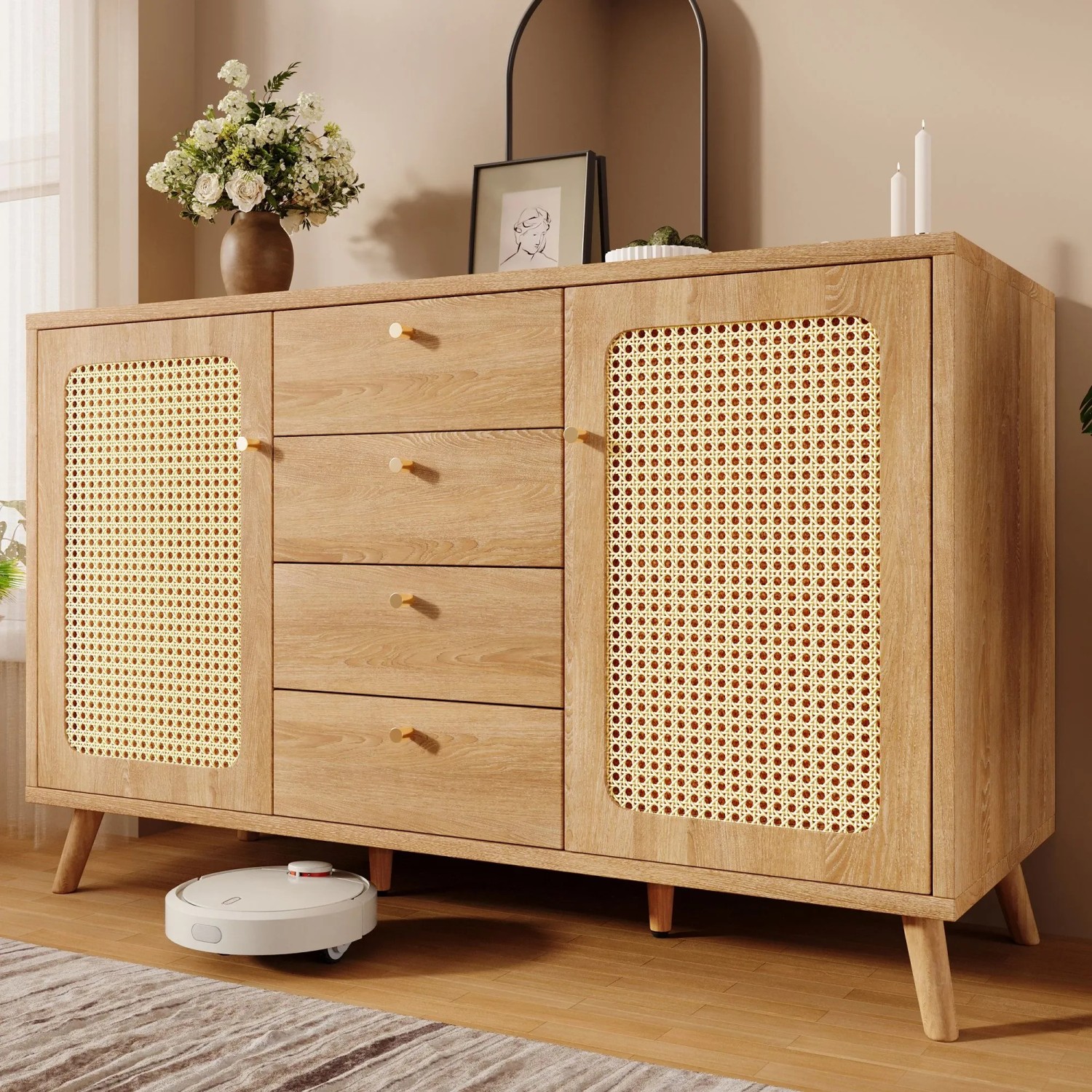 Merax Sideboard 140x40x86cm Rattan Optik Eiche_3