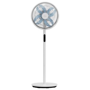 Weißer Midea Standventilator mit blauem Flügelrad, 130 cm hoch.