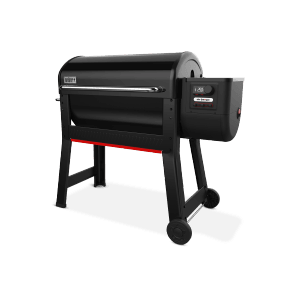 Schwarzer Weber Holzpelletgrill Smoque XL mit Seitentisch und digitaler Steuerung.