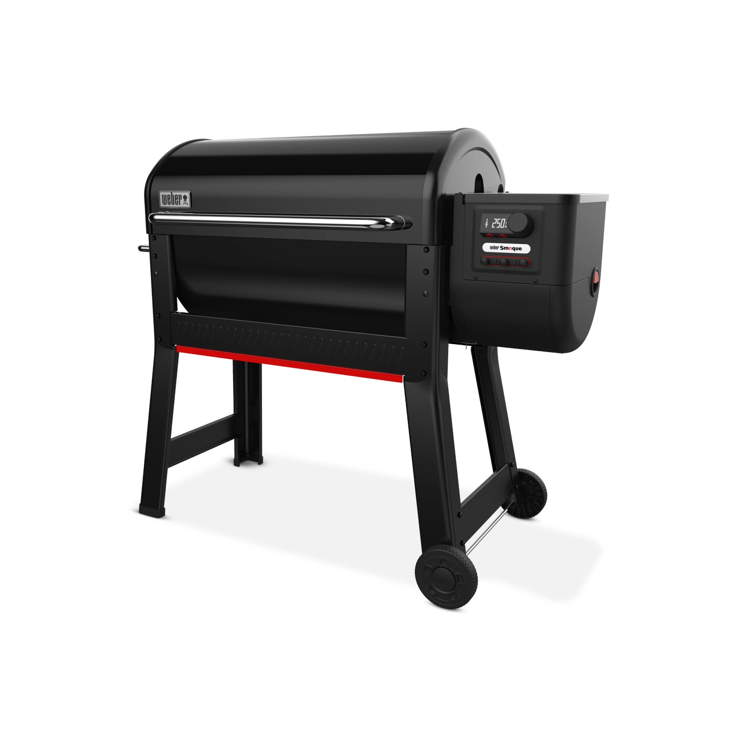 Schwarzer Weber Holzpelletgrill Smoque XL mit Seitentisch und digitaler Steuerung.