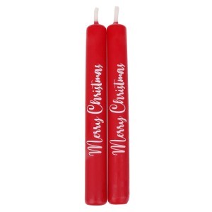 Zwei rote Steinhart Leuchterkerzen mit weißem 'Merry Christmas' Schriftzug für Weihnachtsdeko.