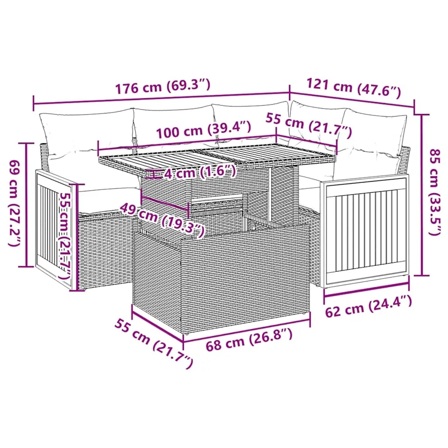 vidaXL Garten-Sofagarnitur, 5-teilig, schwarz, Poly Rattan, Akazie, mit Maßangaben.