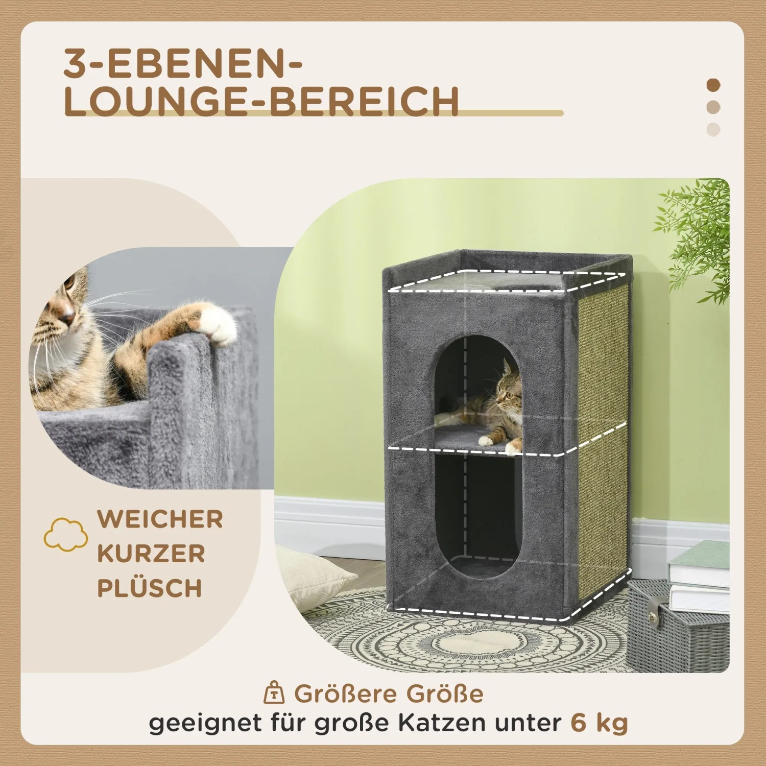 Grauer PawHut Katzenturm mit Kratzbrett, zwei Höhlen und Liegeflächen für Katzen.