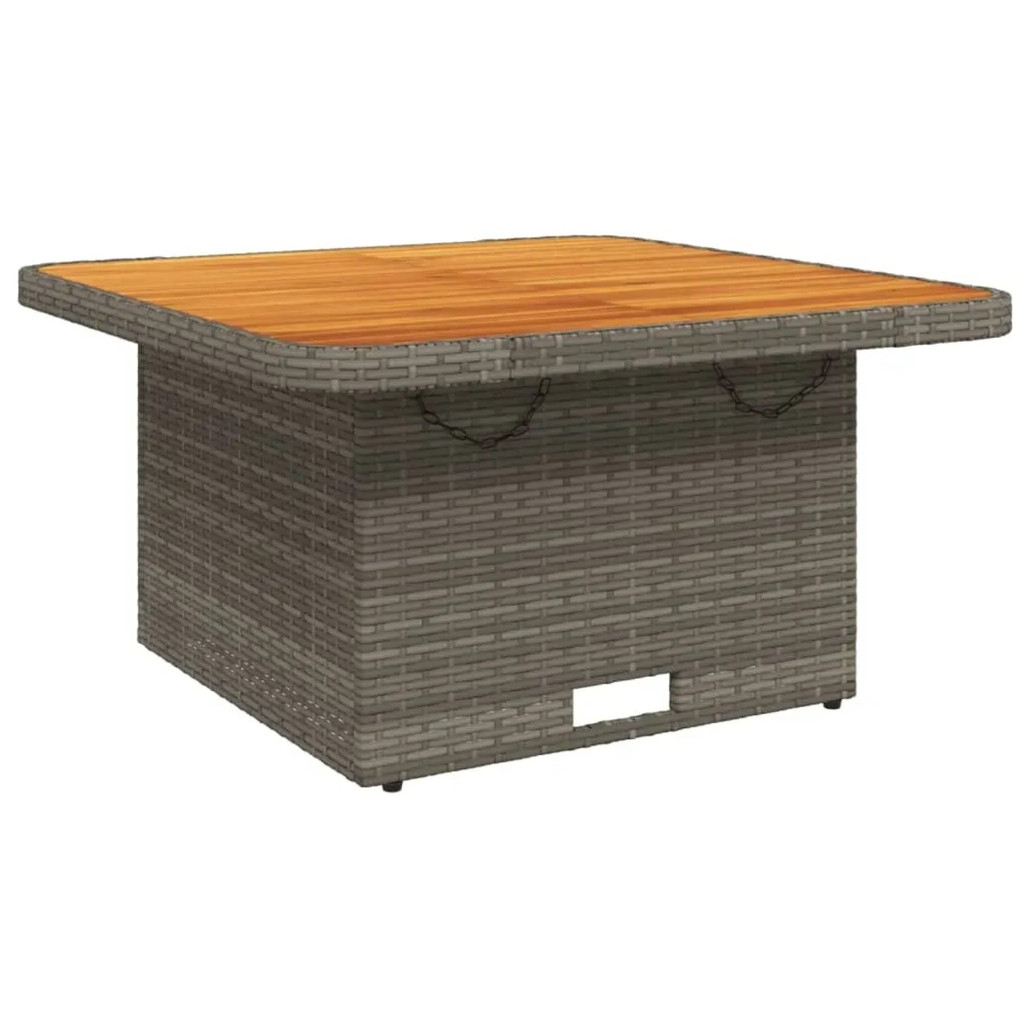 Quadratischer Gartentisch aus grauem Rattan mit Akazienholzplatte, Teil der vidaXL 5-tlg. Garten-Essgruppe.