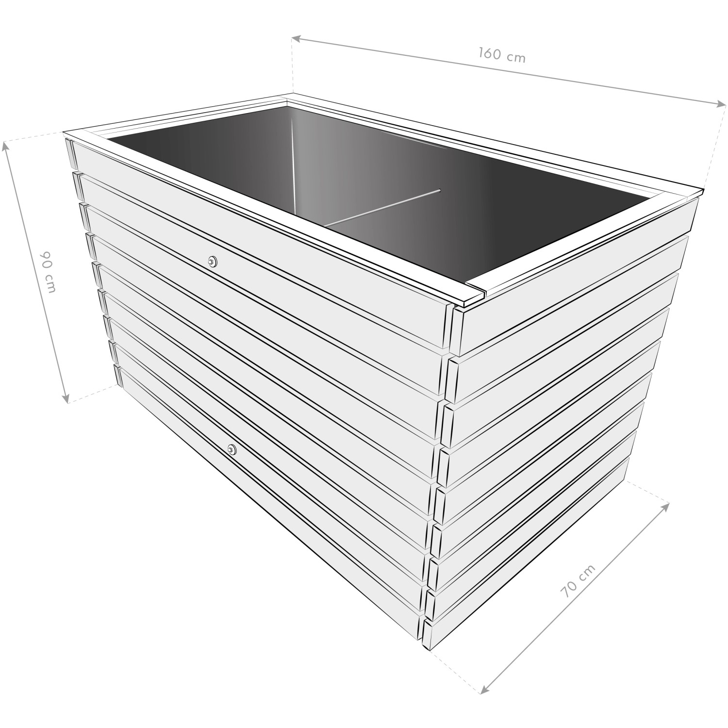 Westmann Hochbeet Fichte XL: Skizze mit Maßen (160x70x90 cm) des Holz-Hochbeets.