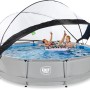 EXIT Soft Grey Pool, ø 360 cm, mit Filterpumpe und Abdeckung. Kinder spielen im Stahlrahmenpool.