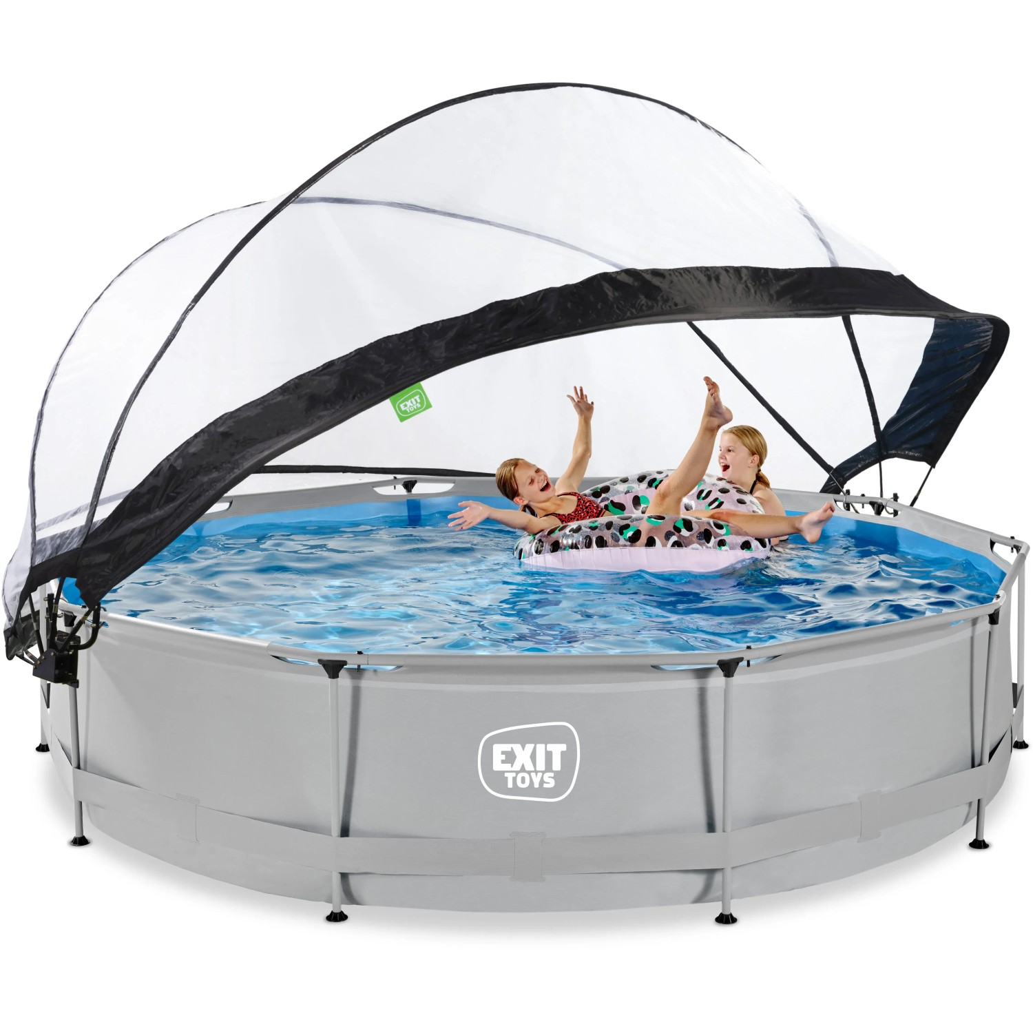 EXIT Soft Grey Pool, ø 360 cm, mit Filterpumpe und Abdeckung. Kinder spielen im Stahlrahmenpool.