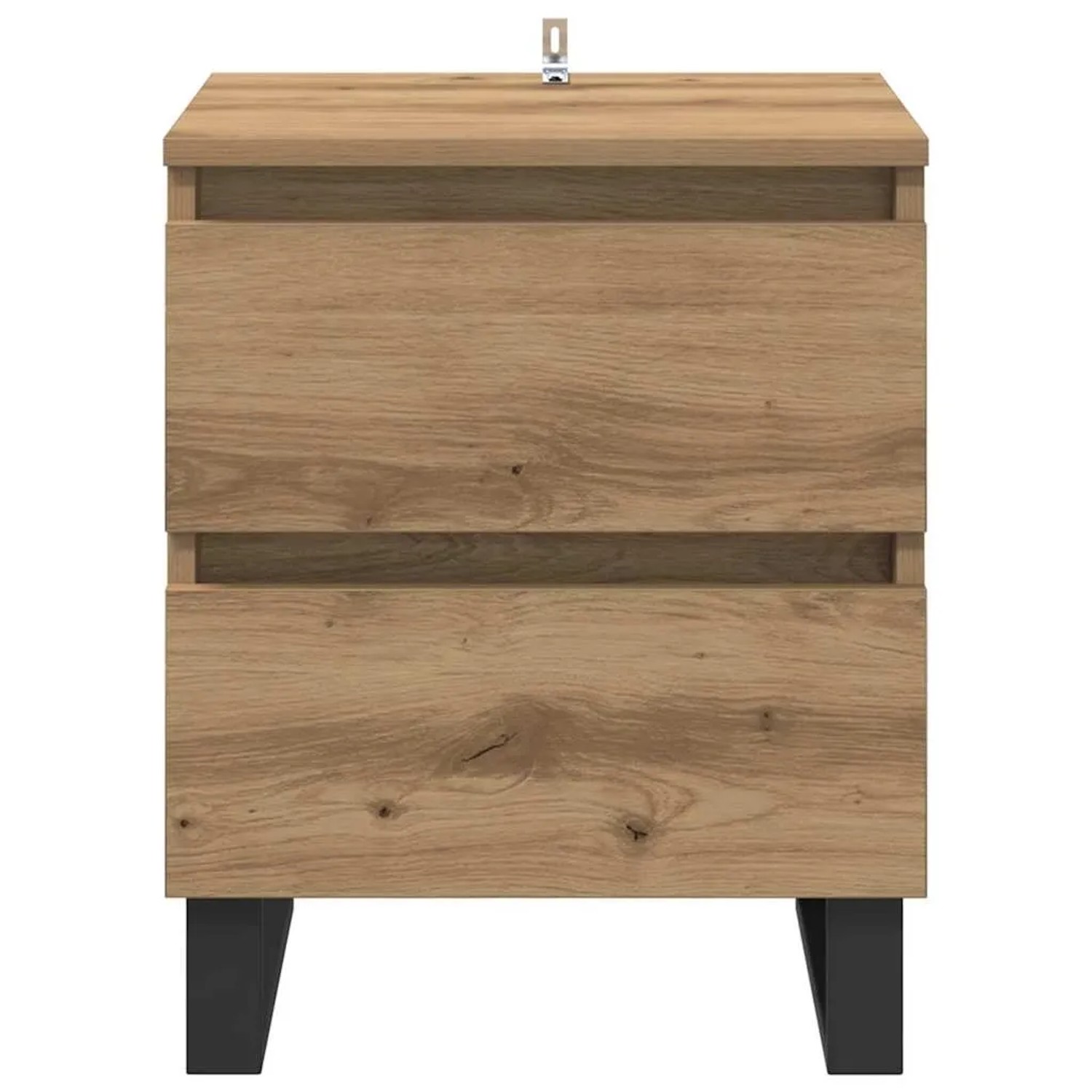 Nachttisch Artisan-Eiche aus Holzwerkstoff mit zwei Schubladen und dunklen Standfüßen. Modernes Design für Schlafzimmer.