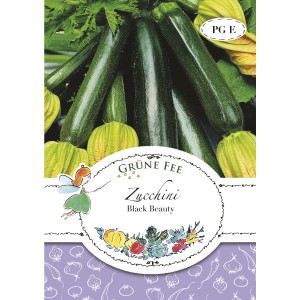 Grüne Fee Zucchini Black Beauty Saatgut Packung mit dunkelgrünen Zucchini und Blüten.