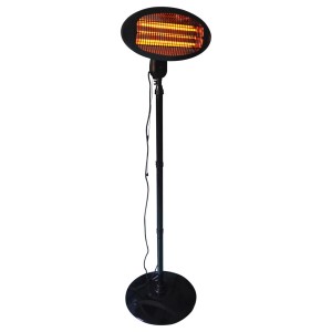 Schwarzer Heizstrahler Infrae 2000 W mit Stativ, drei Heizstufen und Quarz-Röhren.