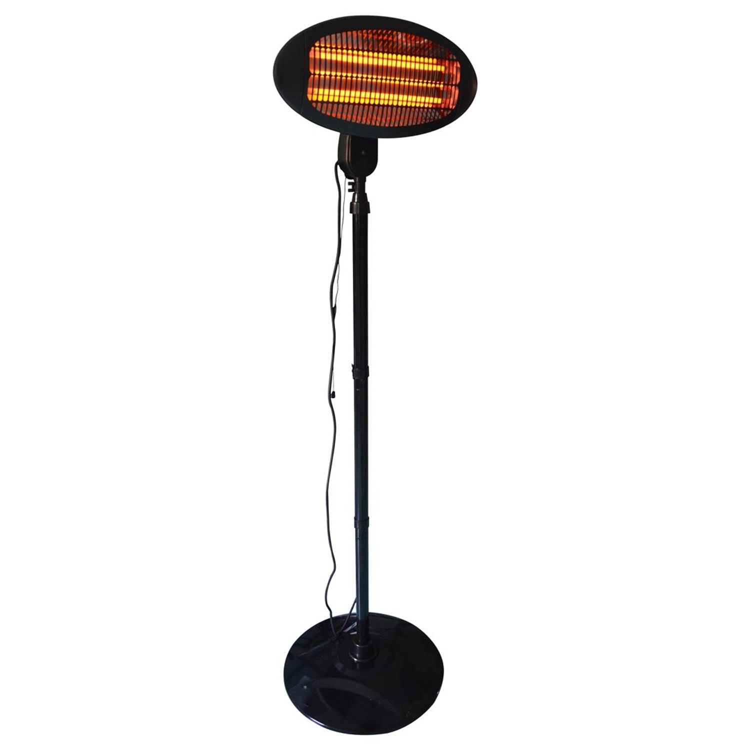 Schwarzer Heizstrahler Infrae 2000 W mit Stativ, drei Heizstufen und Quarz-Röhren.