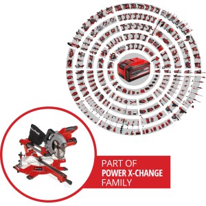 Einhell Akku-Zug-Kapp-Gehrungssäge TE-SM 36/210 Li Solo, rot, mit Power X-Change Akku im Hintergrund.