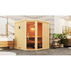 Weka Designsauna Cubilis 2 mit Glasfront, Fichtenholz, inkl. Ofen und Leuchtenset.
