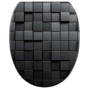 SANILO WC-Sitz Cube mit Absenkautomatik und Top-Fix-Befestigung, schwarzes Würfelmuster.