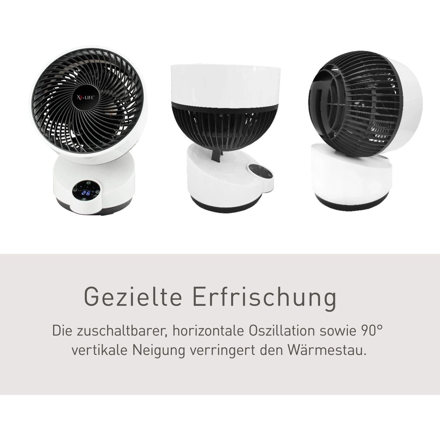 Vornado Tischventilator X4-Life Pinguin DX Weiß in verschiedenen Ansichten.
