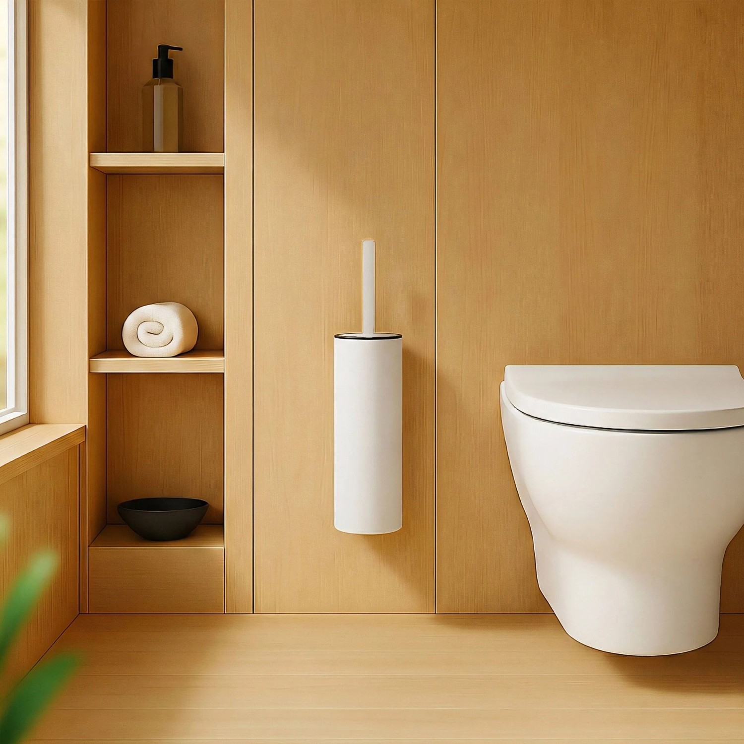 Weiße Relaxdays Toilettenbürste mit Wandhalterung aus satiniertem Edelstahl und Kunststoff, neben WC im modernen Bad.