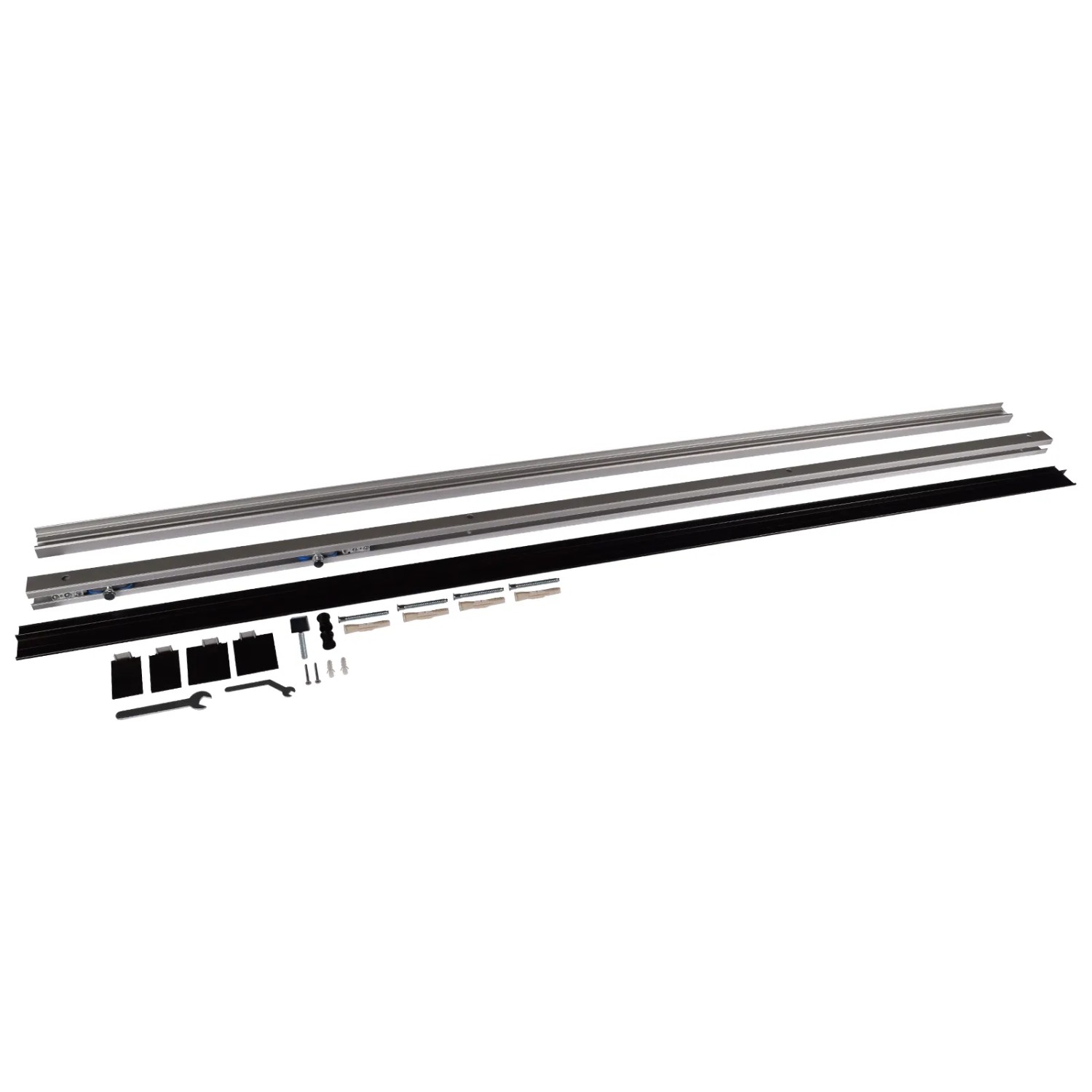 Komplettset inova Loft Glastür mit schwarzem Alu-Profil, Laufschiene und Zubehör.