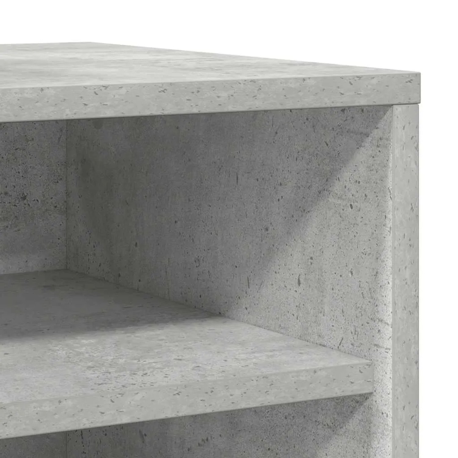 Nahaufnahme des vidaXL Schuhschranks in Betongrau aus Holzwerkstoff. Zeigt die strukturierte Oberfläche und offene Fächer.