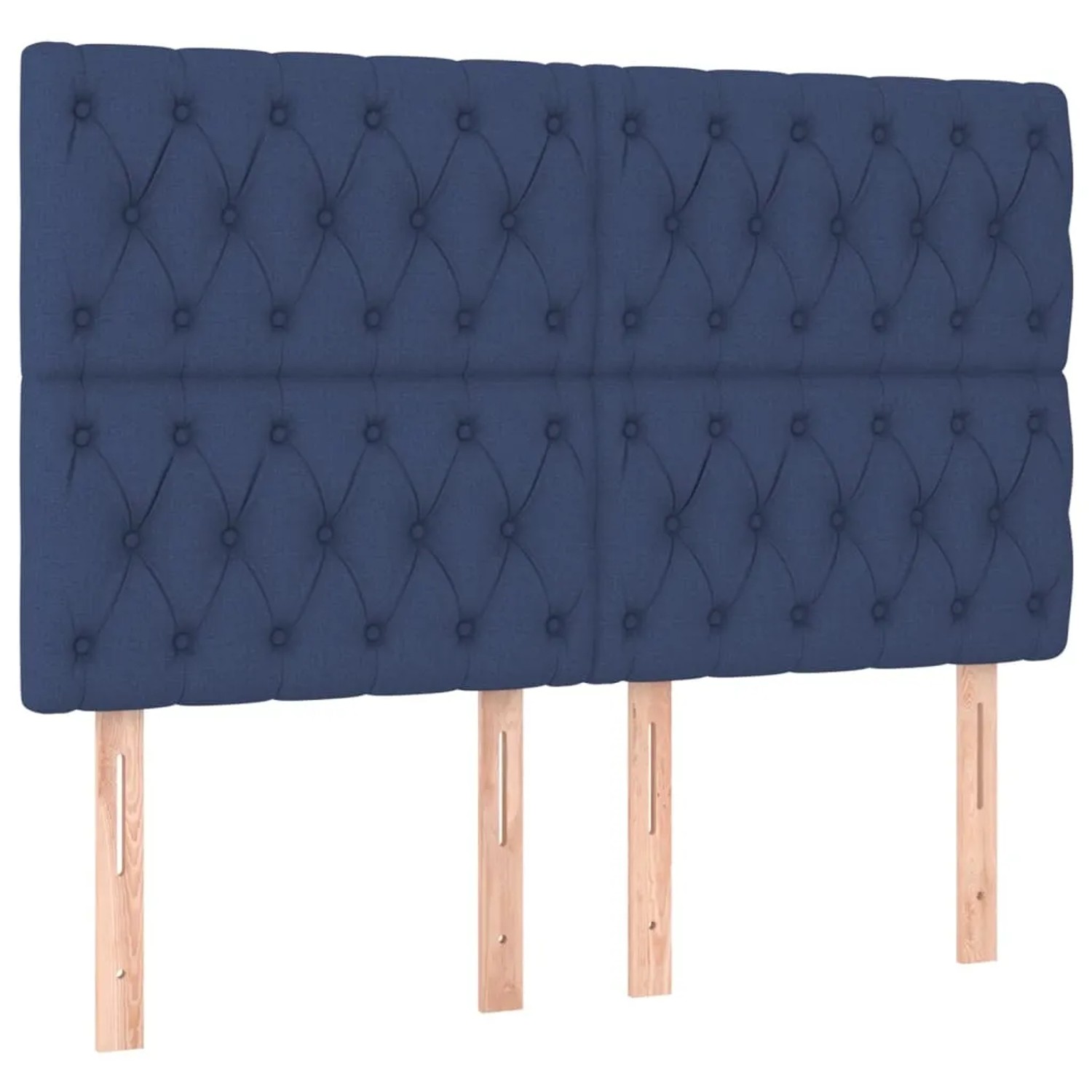 Blaues Boxspringbett mit Stoffbezug, gestepptes Kopfteil und Holzfüße.