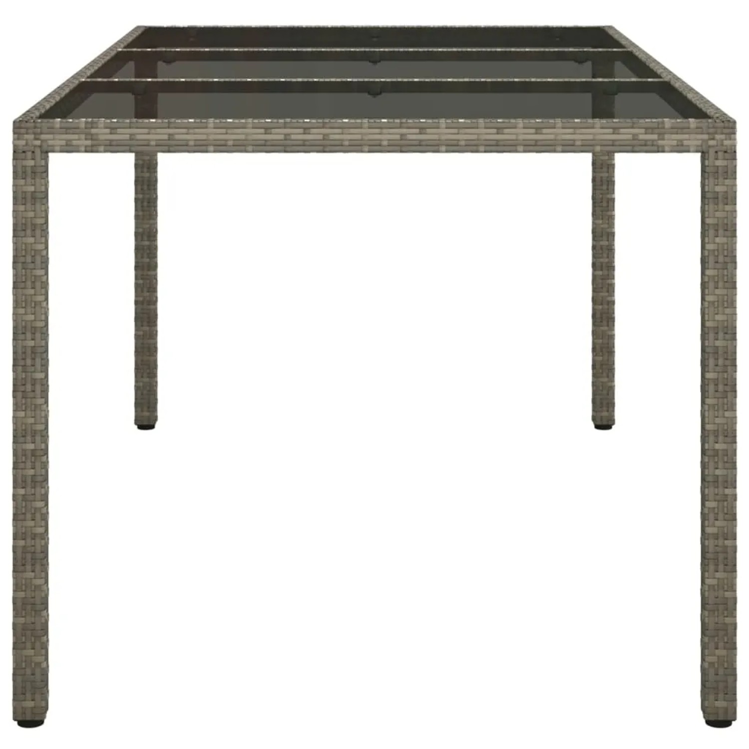 Grauer vidaXL Gartentisch aus Rattan mit Glasplatte, 150x90x75 cm.