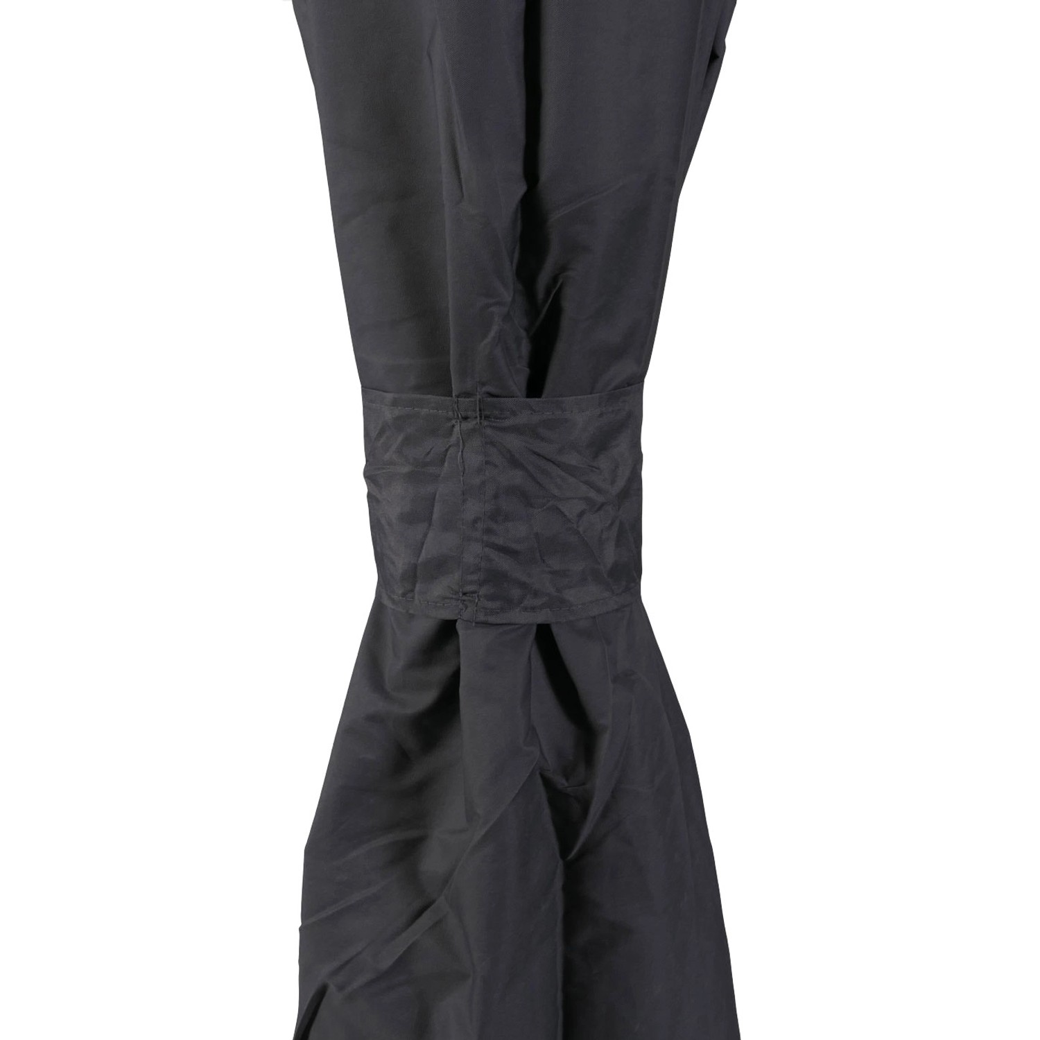 Detailaufnahme: Graue Seitenwand der MCW Hardtop Pergola M81, gerafft mit Klettverschluss.