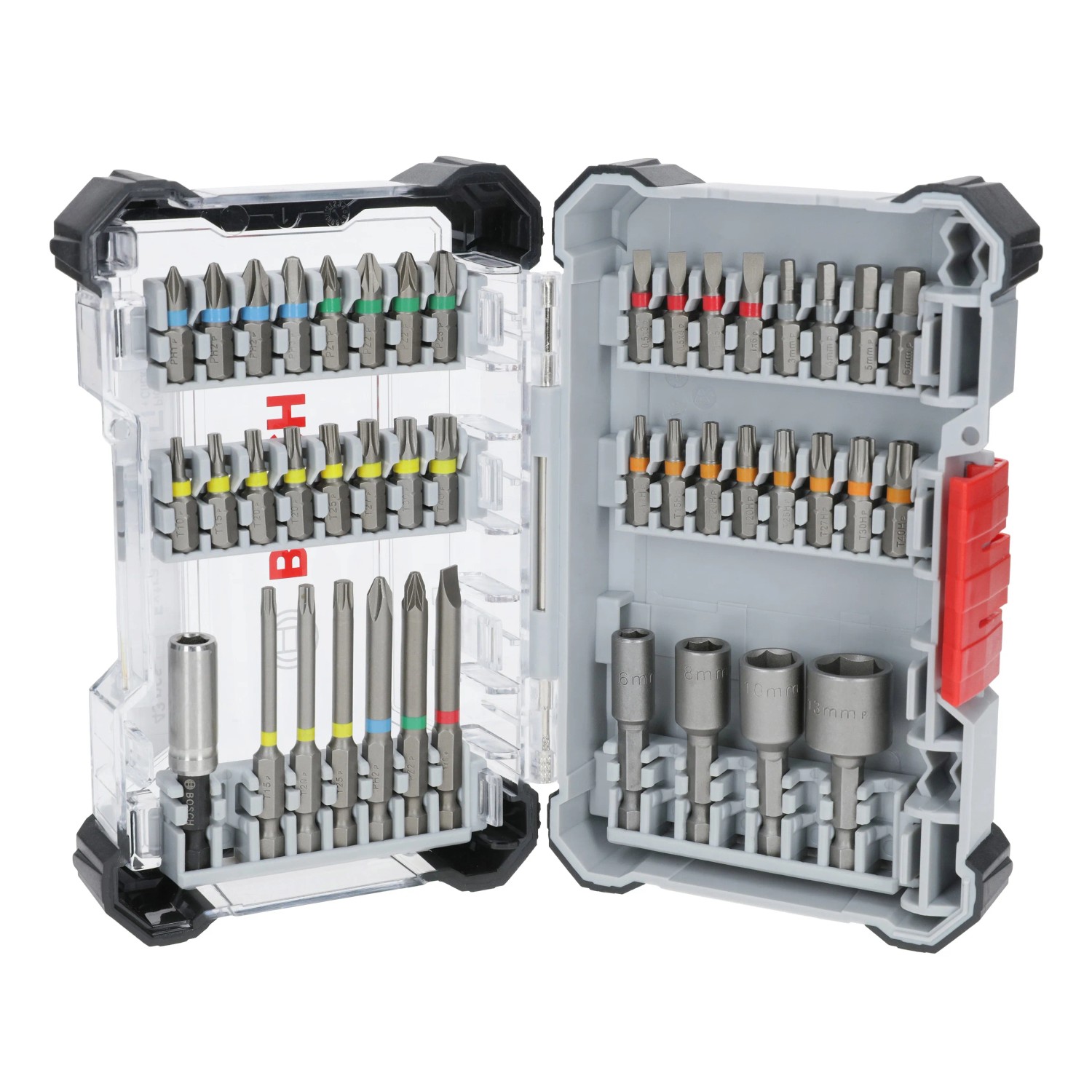 Bosch Extra Hard Bitset, 43-teilig im geöffneten Koffer mit farbcodierten Schrauberbits und Steckschlüsseln.