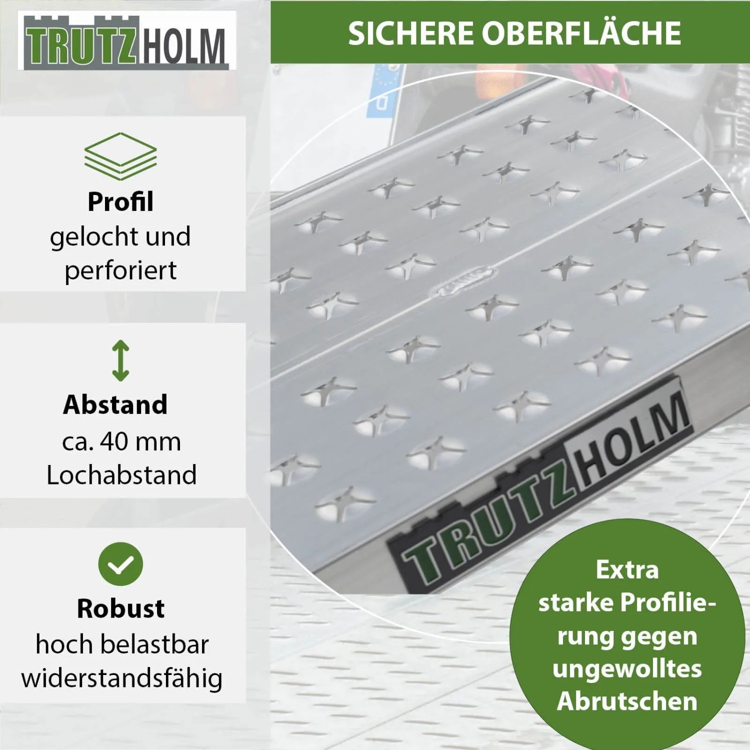 Detailansicht TRUTZHOLM Auffahrrampe mit rutschfester Oberfläche und Perforation.
