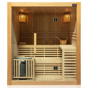 Dewello Sauna Sarnia mit Harvia Ofen, Aufguss-Set und Hemlock-Holz für 2-4 Personen.