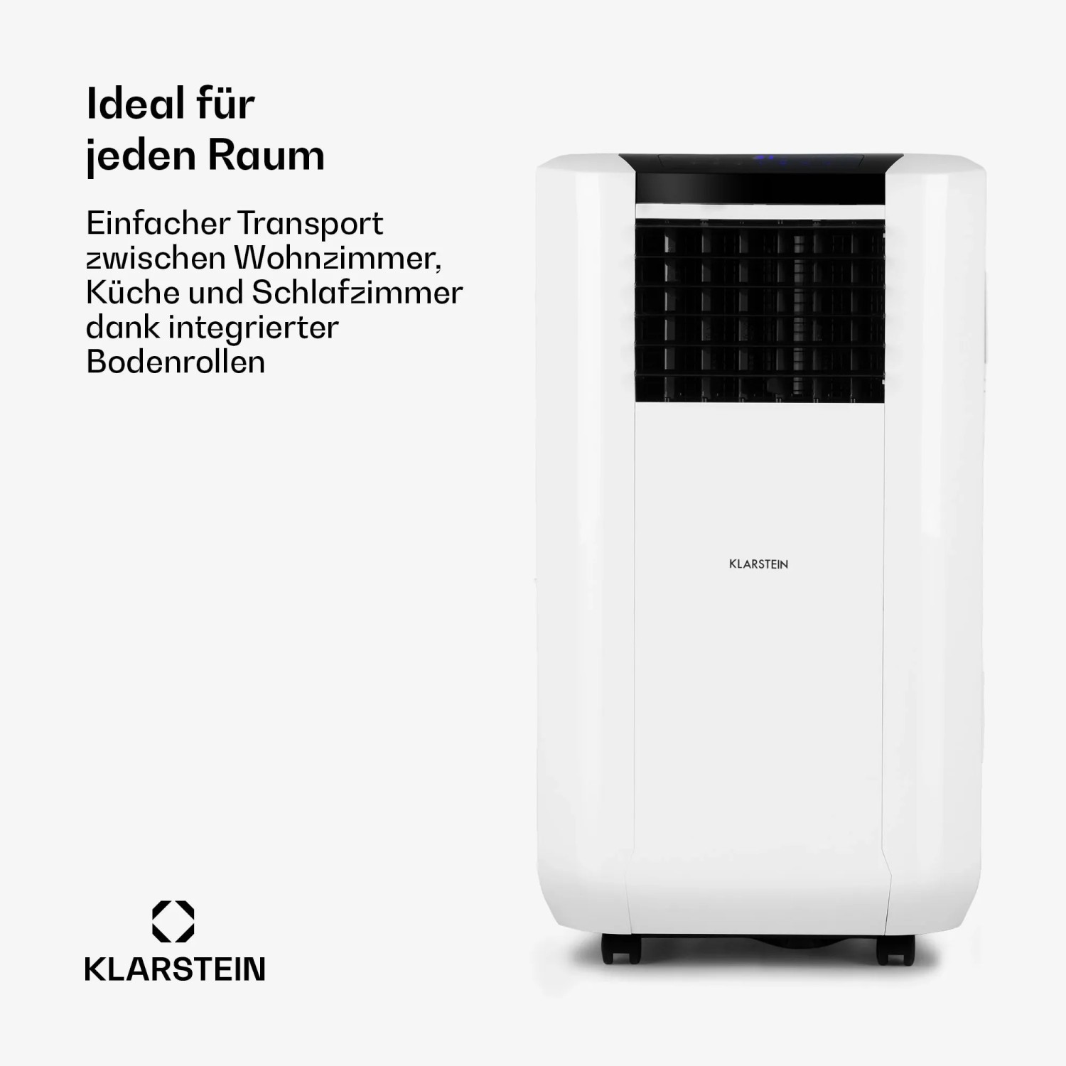 Weiße Klarstein Max Breeze Smart Klimaanlage mit Rollen. Mobiles Klimagerät für Räume bis 95m².