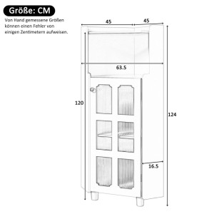 Technische Zeichnung: PXloue Eckschrank, 124cm hoch, 63.5cm breit, mit Glasfront, offenem Fach & LED Beleuchtung.