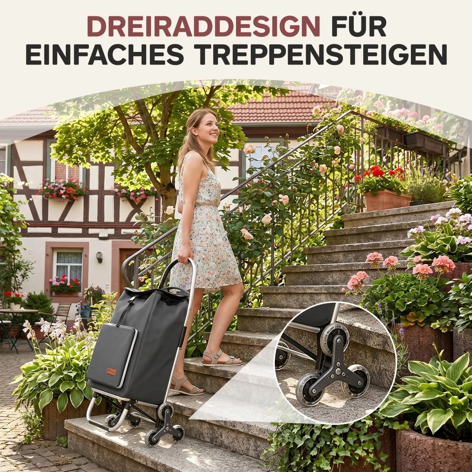 Sekey Einkaufstrolley Treppensteiger Grau mit Kühlfach, Frau auf Treppe.