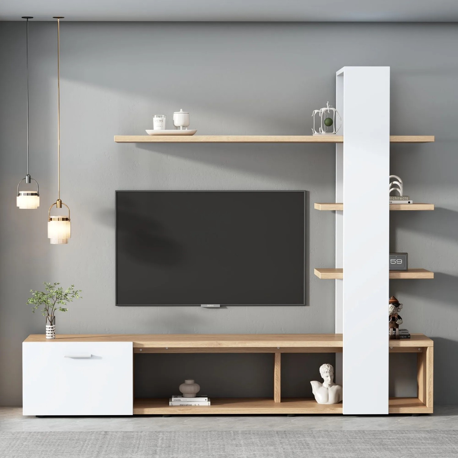 Merax TV Wohnwand Set 180x33x151 cm Für 60 Zoll TV Eiche Weiß