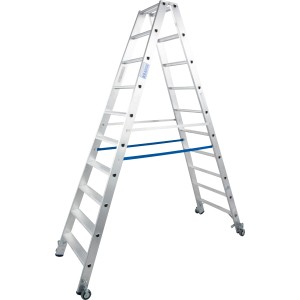 Krause Doppelleiter Stabilo mit 2 x 10 Stufen und Fahrrollen.