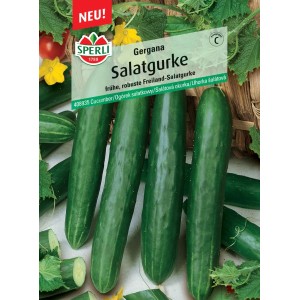 Sperli Salatgurke Gergana Samenpackung mit Gurken und Blüten.
