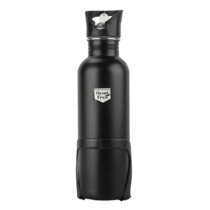 Schwarze Fischer Edelstahl Trinkflasche mit Halter, 750 ml. Ideal für unterwegs.