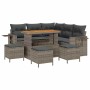 Graues 9-teiliges vidaXL Garten-Sofa-Set aus Poly Rattan mit Tisch und Hockern.