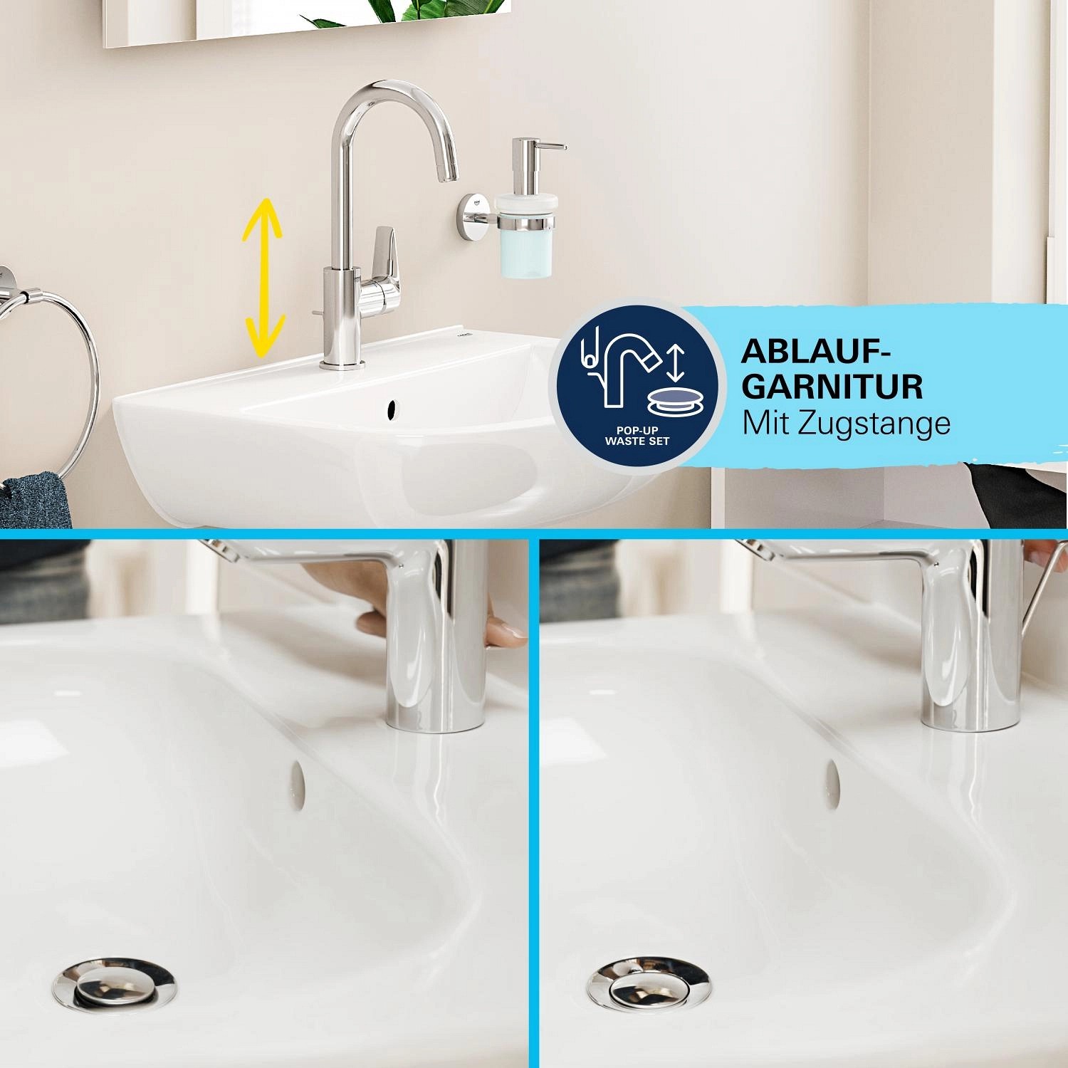 Grohe QuickFix Waschtischarmatur Start Alira Chrom L am Waschbecken mit Ablaufgarnitur.