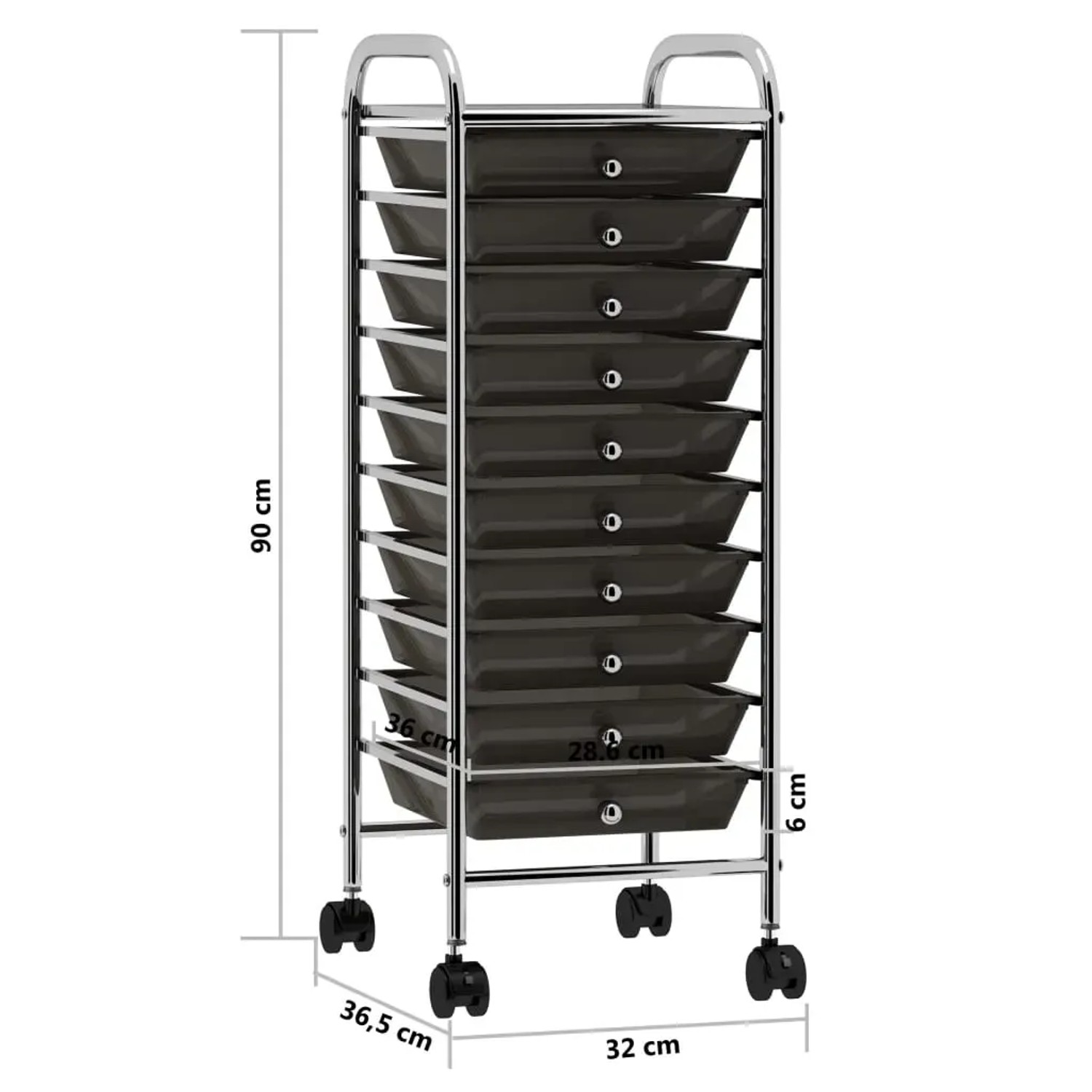Schwarzer vidaXL Schubladenwagen mit 10 Schubladen aus Kunststoff und Chromgestell.