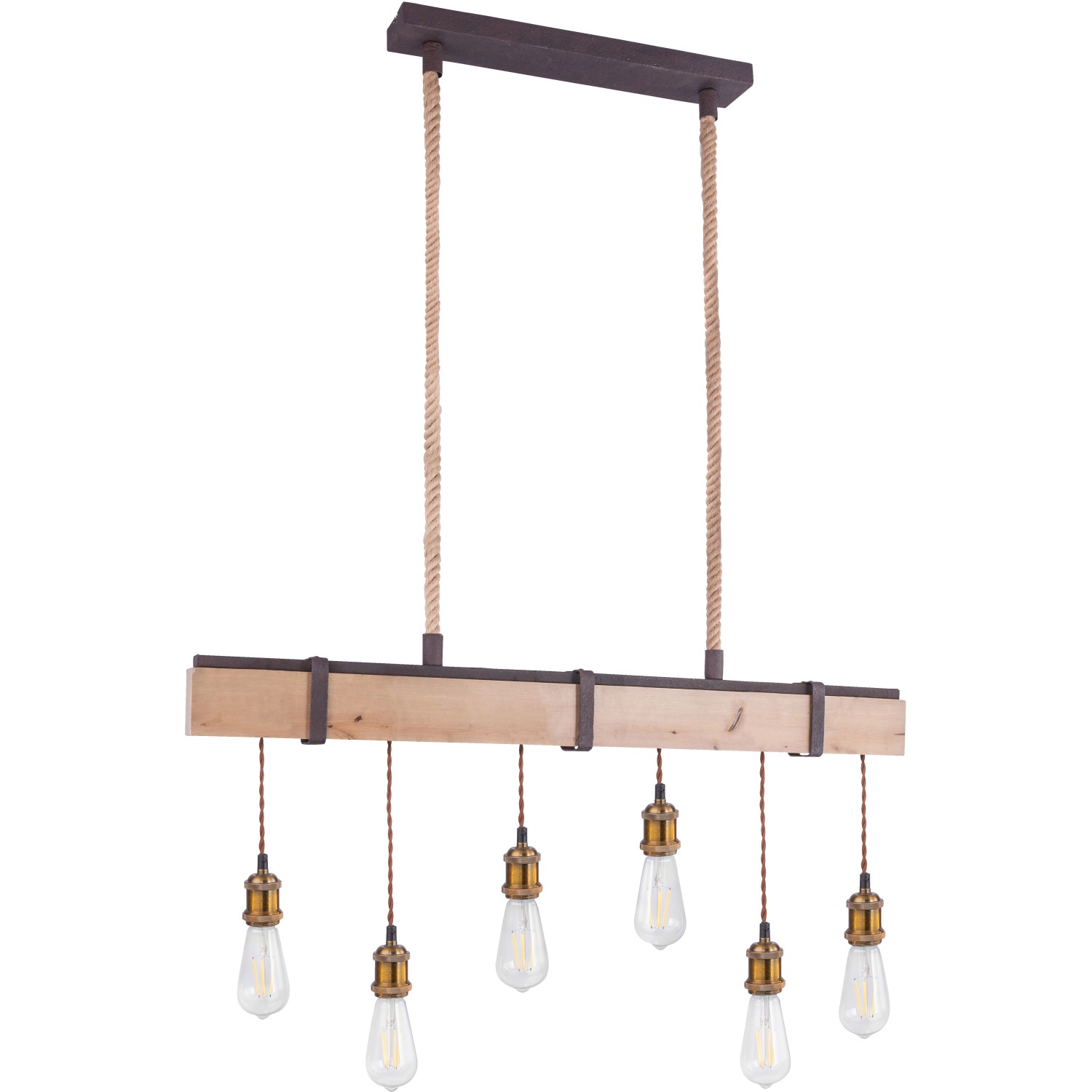 Pendelleuchte Mucha mit sechs Leuchten, Holz und Metall im Industrial Style.