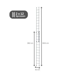 PROREGAL Sprossen-Schiebeleiter, 2-teilig, 2x12 Sprossen, ausgefahren und eingefahren dargestellt.