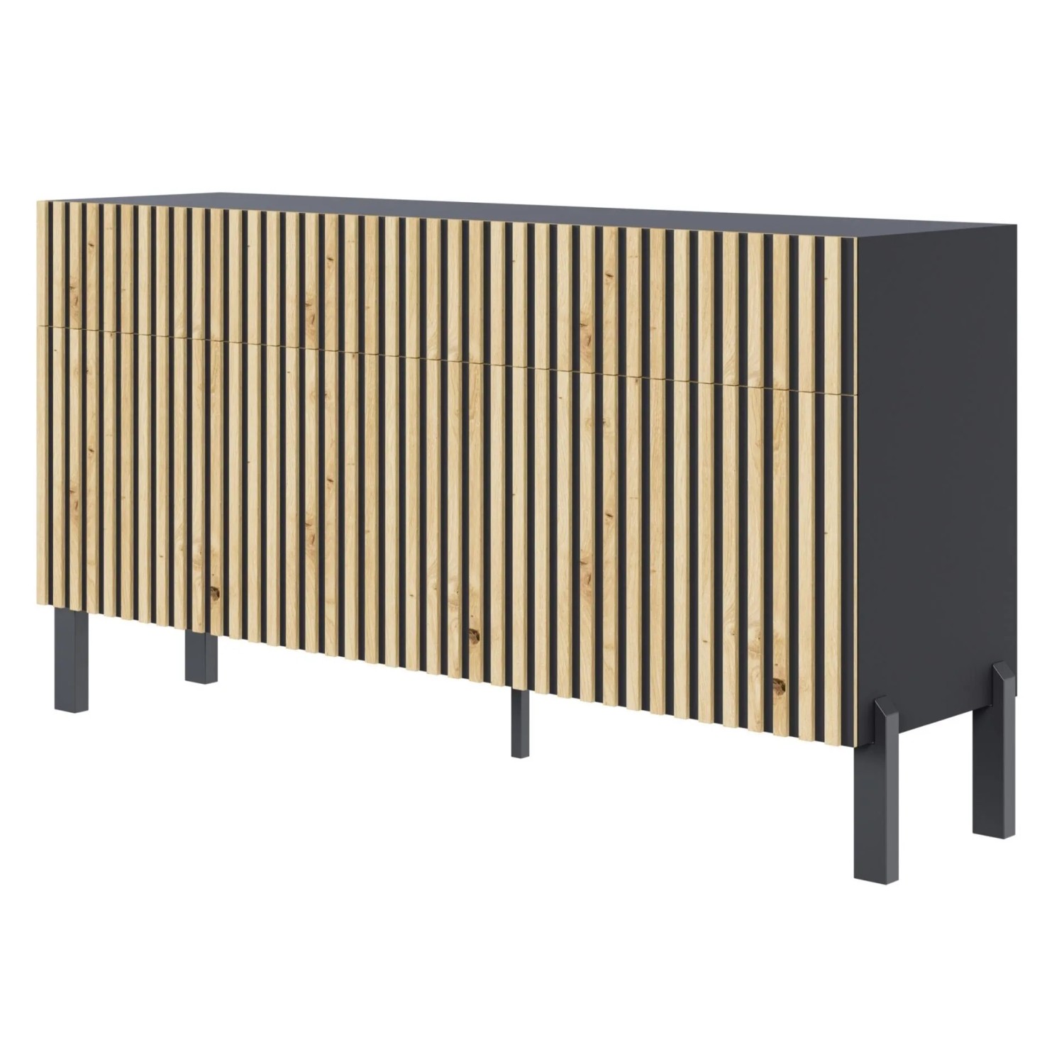 Selsey Sideboard Telire 154 cm Dreitürig mit Drei Schubladen und Lamellenfront Schwarz/Artisan Eiche