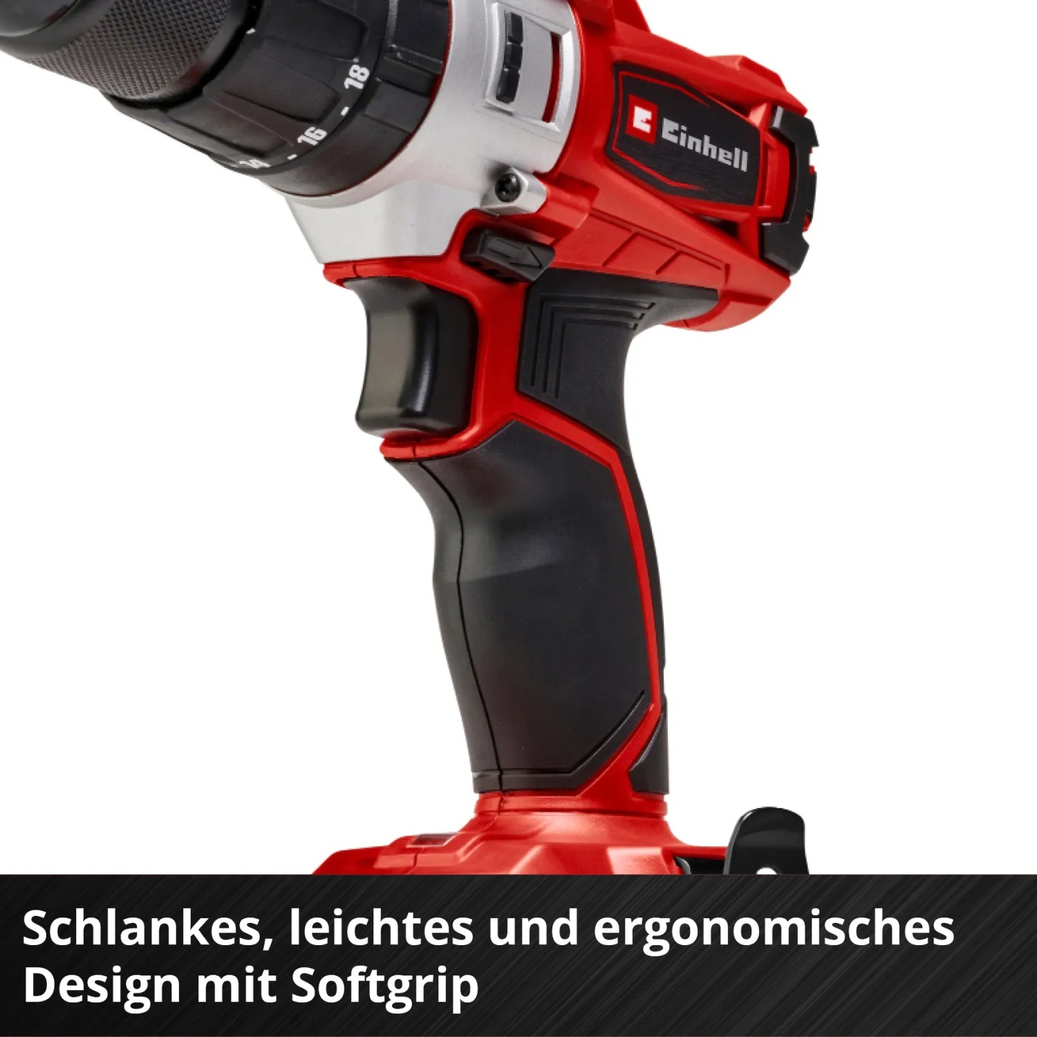 Detailaufnahme: Roter Einhell Akku-Schlagbohrschrauber mit Softgriff.