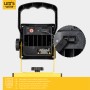 LED Arbeitsleuchte aufladbar, 700 Lumen, schwarz-gelb, mit USB-C Ladeanschluss.