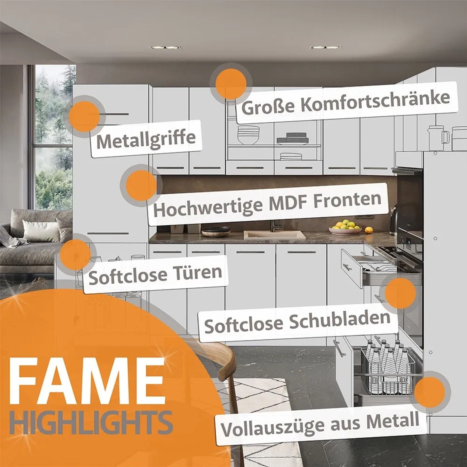 Vicco Fame-Line Küchenzeile, 240 cm, schwarz/Eiche, ohne Arbeitsplatte. Details: Komfort, MDF-Fronten, Metallgriffe.