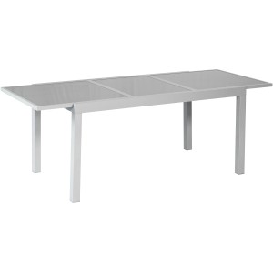 Rechteckiger, ausziehbarer Gartentisch von Merxx, grau, 220x90 cm, mit Aluminiumgestell und Glasplatte.