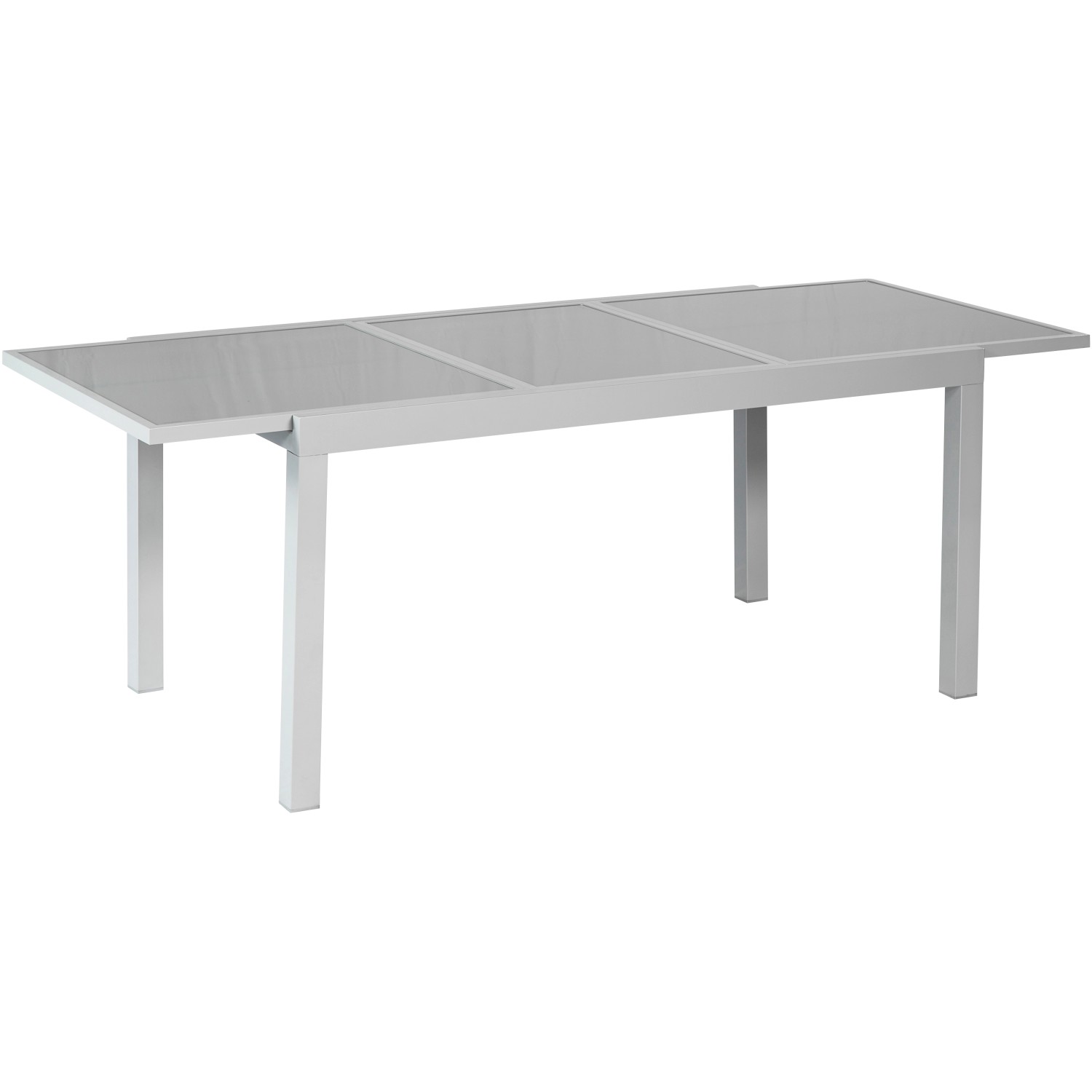 Rechteckiger, ausziehbarer Gartentisch von Merxx, grau, 220x90 cm, mit Aluminiumgestell und Glasplatte.
