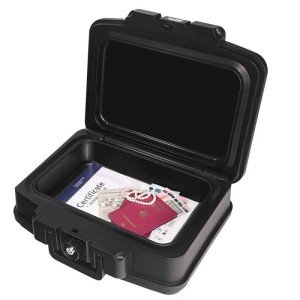 Offene, schwarze HMF Dokumentenbox mit Pass, Geld, Schmuck und Papieren. Feuerfest & wasserdicht für DIN A4 Wertsachen.