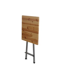 Zusammengeklappter Fun Star Stehtisch aus Kiefernholz mit Stahlgestell.