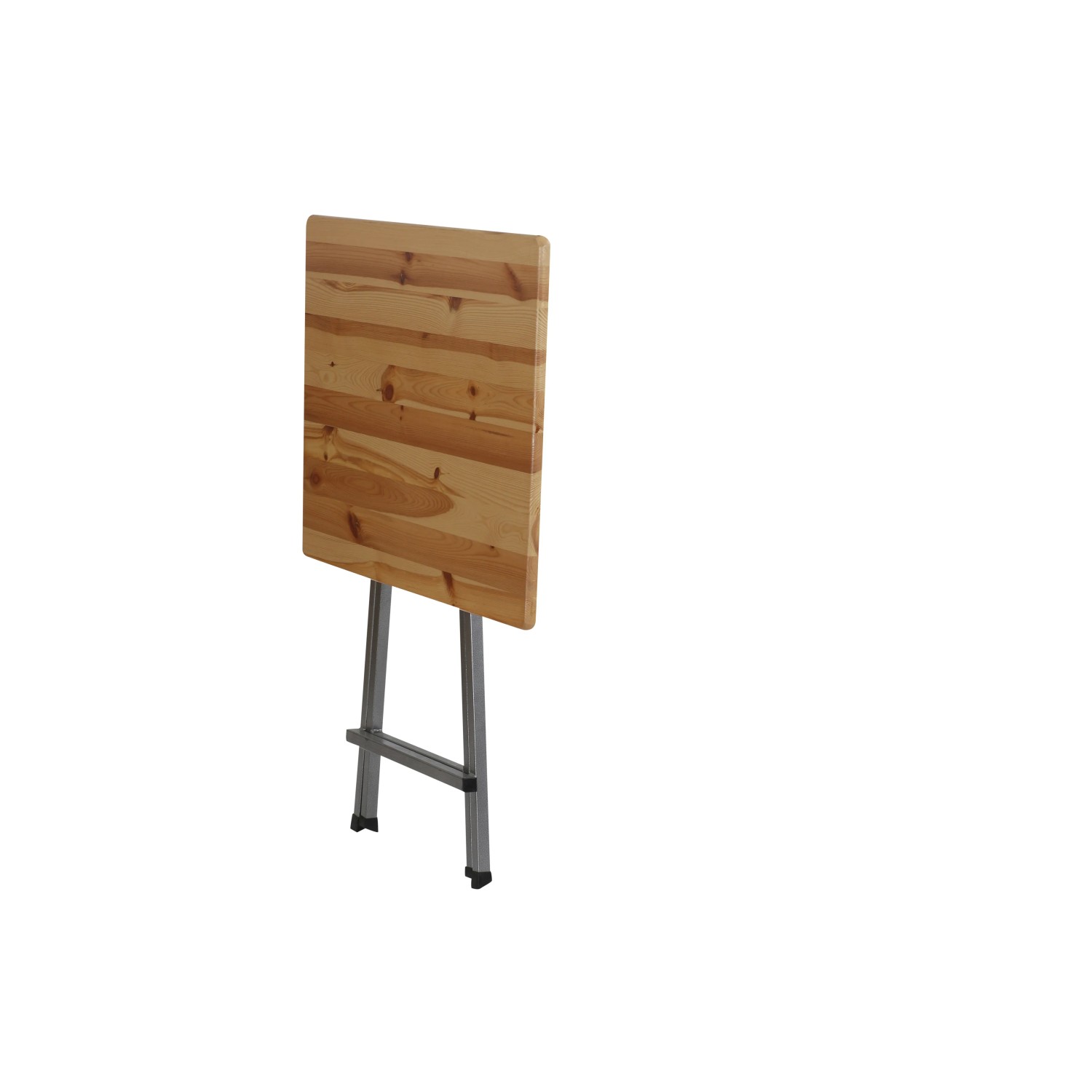 Zusammengeklappter Fun Star Stehtisch aus Kiefernholz mit Stahlgestell.