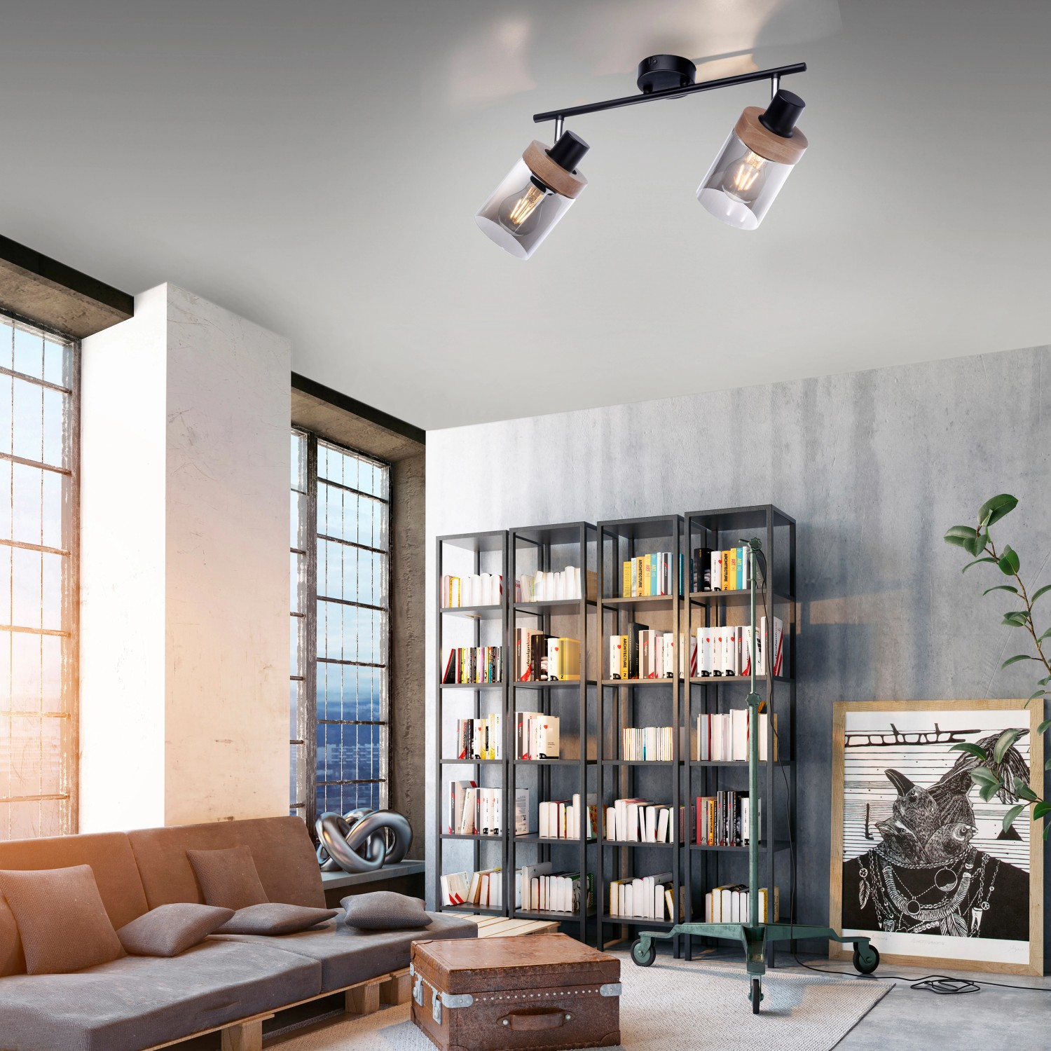 Just Light Wand- und Deckenleuchte Pasqual, 2-flammig, schwarz mit Rauchglas-Schirmen.